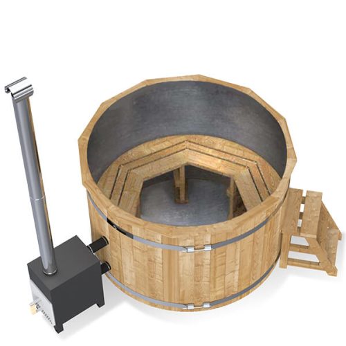Bain nordique en cuve acier inoxydable avec habillage en bois thermo-traité (pour poêle immergé ou extérieur)