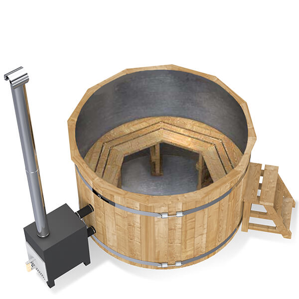 Bain nordique en cuve acier inoxydable avec habillage en bois thermo-traité (pour poêle immergé ou extérieur)